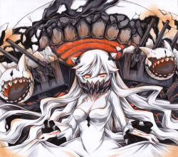 Rule 34 | 10s, 1girl, abyssal ship, bad id, bad pixiv id, covered mouth, horns, iroha (nullpo), kantai collection, long hair, looking at viewer, machinery, midway princess, monster, open mouth, pale skin, red eyes, sharp teeth, shikishi, solo, teeth, turret, veins, white hair