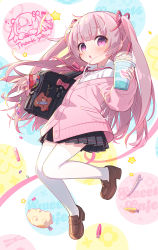 Rule 34 | 1girl, bag, black skirt, borrowed character, brown footwear, commentary, cup, disposable cup, full body, hair ribbon, highres, jacket, loafers, long hair, long sleeves, looking at viewer, neck ribbon, off shoulder, open mouth, original, pink hair, pink jacket, pink ribbon, pleated skirt, ribbon, shoes, shoulder bag, skirt, solo, thank you, thighhighs, twintails, uchako, very long hair, white thighhighs, zettai ryouiki