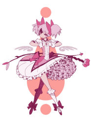 Rule 34 | 10s, 1girl, bow, crossed legs, flower, frills, full body, gloves, hair bow, heart, heart hands, kaname madoka, long skirt, looking at viewer, magical girl, mahou shoujo madoka magica, mahou shoujo madoka magica (anime), pink eyes, pink hair, pink theme, puffy short sleeves, puffy sleeves, revision, short sleeves, short twintails, sigumado66, simple background, skirt, smile, solo, soul gem, twintails, white background, white skirt, wings