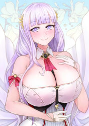 Rule 34 | 1girl, azur lane, between breasts, black straps, breasts, cleavage, detached collar, gloves, hair ornament, half gloves, hand on own chest, highres, huge breasts, light purple hair, plymouth (azur lane), purple eyes, red ribbon, ribbon, sai-go, solo, strap between breasts, upper body, white gloves, wing collar