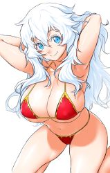 Rule 34 | 1girl, armpits, arms behind back, artemis (fate), bare legs, bikini, blue eyes, breasts, closed mouth, commentary request, fate/grand order, fate (series), halterneck, halterneck, large breasts, long hair, looking at viewer, navel, nose, onsoku inu, red bikini, simple background, smile, solo, swimsuit, wavy hair, white background, white hair