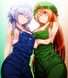 Rule 34 | 2girls, alternate costume, bad id, bad pixiv id, beret, blue eyes, braid, breast hold, breasts, from below, garden, gradient background, hair ribbon, hat, hong meiling, izayoi sakuya, large breasts, long hair, looking at viewer, maid headdress, multiple girls, naked overalls, no bra, overalls, pouty lips, red eyes, ribbon, saodake, shiny skin, short hair, sideboob, silver hair, smile, touhou, tress ribbon, twin braids