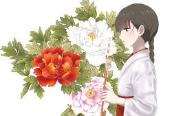 Rule 34 | 1girl, arrow (projectile), black eyes, black hair, braid, chiyoka, flower, from side, hair behind ear, hakama, holding, holding arrow, japanese clothes, leaf, looking ahead, miko, nengajou, new year, pink flower, profile, rdg red data girl, red flower, simple background, sleeves past elbows, solo, suzuhara izumiko, white background, white flower, wide sleeves