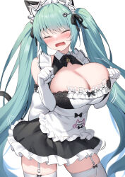 Rule 34 | 1girl, alexmaster, animal ears, apron, bare shoulders, bell, black dress, blush, bouncing breasts, breasts, cat ears, cleavage, closed eyes, commentary request, dress, elbow gloves, garter straps, gloves, goddess of victory: nikke, green hair, highres, jingle bell, large breasts, long hair, maid headdress, open mouth, privaty (nikke), privaty (unkind maid) (nikke), short dress, solo, thighhighs, thighs, twintails, very long hair, waist apron, white gloves, white thighhighs