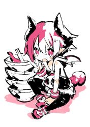 Rule 34 | 1girl, black pantyhose, bowl, commentary, demon girl, disgaea, fang, food, harada takehito, highres, horns, looking at viewer, makai senki disgaea 3, noodles, open mouth, pantyhose, pink eyes, pink hair, pointy ears, ramen, raspberyl, sailor collar, short hair, sitting, solo, symbol-only commentary, tail, v-shaped eyebrows, white background, wings