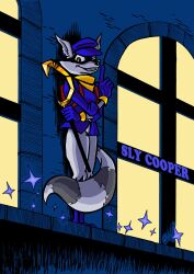 Rule 34 | artist request, blue gloves, brown eyes, cane, character name, copyright name, furry, gloves, hat, highres, mask, racoon, sly cooper, sly cooper (series)