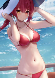 Rule 34 | 1girl, adapted costume, alternate costume, bikini, blue sky, blush, breasts, cleavage, closed mouth, cloud, cloudy sky, commentary, cowboy shot, day, earrings, hands on headwear, hat, heart, heart earrings, heterochromia, highres, hololive, houshou marine, houshou marine (summer), jewelry, long hair, looking at viewer, medium breasts, navel, ocean, outdoors, rainbow, red bikini, red eyes, sky, smile, solo, standing, stomach, string bikini, sun hat, swimsuit, tataki worker, twintails, virtual youtuber, wet, white hat, yellow eyes