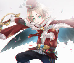 Rule 34 | 1boy, altoclub, blonde hair, capelet, crying, feathers, fur trim, gloves, granblue fantasy, green eyes, grey background, hat, male focus, petals, simple background, solo, sword, vermeil, weapon