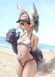 Rule 34 | 1girl, animal ears, bare shoulders, beach, bikini, blue sky, borrowed character, breasts, collarbone, day, eu03, fox ears, fox girl, fox tail, grey jacket, highres, jacket, long hair, long sleeves, looking at viewer, navel, off shoulder, open clothes, open jacket, open mouth, original, red eyes, shore, silver hair, sky, small breasts, smile, swimsuit, tail, thighs, white bikini