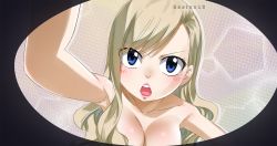 Rule 34 | 1girl, armpits, blonde hair, blue eyes, breasts, cleavage, colorized, eden&#039;s zero, gaston18, large breasts, long hair, looking at viewer, mashima hiro, open mouth, rebecca bluegarden, simple background, solo