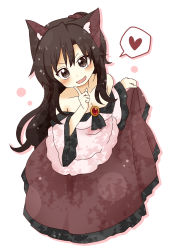 Rule 34 | 1girl, animal ears, blush, breasts, brooch, brown eyes, brown hair, cleavage, collarbone, dress, from above, heart, highres, imaizumi kagerou, jewelry, long hair, looking at viewer, looking up, open mouth, skirt hold, solo, spoken heart, totoharu (kujirai minato), touhou, v-shaped eyebrows, white background, wolf ears