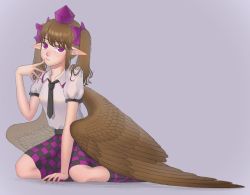 Rule 34 | bird wings, black necktie, black skirt, black socks, brown hair, brown wings, channel ikihaji, checkered clothes, checkered skirt, collared shirt, commentary, feathered wings, frilled shirt collar, frills, full body, grey background, hair ribbon, hat, himekaidou hatate, leg ribbon, long hair, missing textures, necktie, pointy ears, puffy short sleeves, puffy sleeves, purple hat, purple ribbon, purple skirt, ribbon, shirt, short sleeves, simple background, skirt, socks, symbol-only commentary, tokin hat, touhou, twintails, two-tone skirt, two side up, white shirt, wings