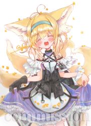 Rule 34 | 1girl, :d, ^ ^, alansmi4, animal ear fluff, animal ears, apron, arknights, bare shoulders, black gloves, blonde hair, blue hairband, blue skirt, blush, braid, braided hair rings, breasts, closed eyes, commentary request, facing viewer, fox ears, fox girl, fox tail, frilled skirt, frills, gloves, hair between eyes, hair rings, hairband, head tilt, highres, kitsune, kyuubi, multiple tails, open mouth, shirt, simple background, single glove, skirt, skirt hold, small breasts, smile, solo, suzuran (arknights), tail, twin braids, waist apron, white apron, white background, white shirt