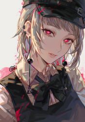 Rule 34 | 1girl, absurdres, blonde hair, chainsaw man, cigma, earrings, fami (chainsaw man), hat, highres, jewelry, long hair, looking at viewer, medium hair, mole, mole under eye, mole under mouth, parted lips, red eyes, school uniform, simple background, white background