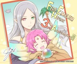 Rule 34 | 2girls, anniversary, blush stickers, closed mouth, company name, copyright name, closed eyes, facial mark, fae (fire emblem), feh (fire emblem heroes), fire emblem, fire emblem: the binding blade, fire emblem heroes, forehead mark, green eyes, heterochromia, holding, idunn (fire emblem), long hair, multiple girls, nintendo, official art, open mouth, orb, palm tree, pointy ears, purple hair, red eyes, short hair, signature, tree, wings, yamada koutarou