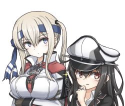Rule 34 | 2girls, black hair, blazer, blonde hair, blue headband, borrowed clothes, breasts, capelet, celtic knot, commentary request, cross, graf zeppelin (kancolle), grey eyes, hair between eyes, hat, hatsushimo (kancolle), headband, headwear switch, height difference, highres, iron cross, jacket, kantai collection, large breasts, long hair, military, military uniform, multiple girls, necktie, peaked cap, red eyes, school uniform, sidelocks, simple background, tsurime, twintails, umino ht, uniform, upper body, white background