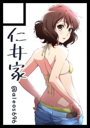 Rule 34 | 1girl, alternate breast size, ass, back, bare shoulders, bikini, bikini top only, bikini under clothes, breasts, brown hair, circle cut, commentary, commentary request, denim, denim shorts, hibike! euphonium, looking back, nii manabu, no shirt, oumae kumiko, parted lips, short shorts, shorts, simple background, small breasts, solo, swimsuit, undressing, white background, yellow bikini, yellow eyes