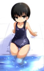 Rule 34 | 1girl, arm support, bare legs, black hair, expressionless, female focus, karukan (monjya), legs, one-piece swimsuit, partially submerged, pool, sitting, solo, swimsuit, thigh gap, water, wet