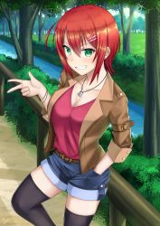 Rule 34 | 1girl, belt, black thighhighs, blue shorts, blush, bracelet, breasts, brown jacket, cleavage, collarbone, day, denim, denim shorts, green eyes, grin, hair between eyes, hair ornament, hairclip, hand in pocket, highres, jacket, jewelry, medium breasts, necklace, open clothes, open jacket, original, outdoors, red hair, red shirt, rj xiii, shirt, short hair, short shorts, shorts, smile, solo, standing, thighhighs, tree, w, zettai ryouiki