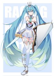Rule 34 | 1girl, absurdly long hair, aqua necktie, blue background, blue eyes, character name, closed mouth, dated commentary, detached collar, english text, full body, goodsmile racing, gradient hair, green hair, hair between eyes, hatsune miku, highres, holding, holding weapon, kusunokimizuha, light blush, light smile, long hair, looking at viewer, multicolored hair, necktie, race queen, racing miku, racing miku (2015), shield, short necktie, solo, split mouth, standing, standing on one leg, twintails, very long hair, vocaloid, weapon
