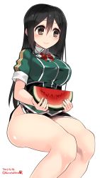 Rule 34 | 10s, 1girl, 2015, bare legs, black hair, blush, bow, bowtie, breasts, brown eyes, chikuma (kancolle), dated, female focus, food, fruit, highres, invisible chair, kantai collection, kuro chairo no neko, large breasts, long hair, no panties, pelvic curtain, puffy short sleeves, puffy sleeves, short sleeves, simple background, sitting, smile, solo, thighs, twintails, twitter username, watermelon, white background