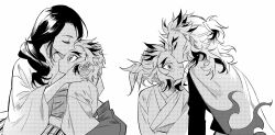 Rule 34 | 1girl, 2boys, brothers, cape, closed eyes, colored tips, demon slayer uniform, facing another, forked eyebrows, greyscale, hands on another&#039;s head, jacket, japanese clothes, kimetsu no yaiba, kimono, kiss, kissing forehead, long hair, long sleeves, looking at another, meremero, monochrome, mother and son, multicolored hair, multiple boys, multiple views, ponytail, rengoku kyoujurou, rengoku ruka, rengoku senjurou, siblings, simple background, tears, upper body, white background, wide sleeves