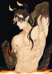 Rule 34 | 1boy, abs, absurdres, arknights, armpits, bara, black hair, black skin, chong yue (arknights), colored skin, dragon boy, dragon horns, gradient skin, hand in own hair, hand up, highres, horns, large pectorals, le zhang zhang, male focus, lava, multicolored hair, muscular, muscular male, nipples, nude, pectorals, pointy ears, presenting armpit, red eyes, shaved body, solo, stomach, streaked hair, sweat, very sweaty