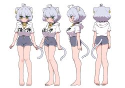 Rule 34 | 1girl, absurdres, ahoge, animal ear fluff, animal ears, bare legs, barefoot, breasts, cat ears, cat girl, cat tail, clothes writing, collar, commentary request, dolphin shorts, ear piercing, frown, full body, green eyes, grey hair, hair between eyes, highres, hood, hood down, hooded shirt, large breasts, looking at viewer, mole, mole under mouth, multiple views, ngetyan, original, piercing, renge (ngetyan), shirt tucked in, short hair, short sleeves, shorts, simple background, tail, v-shaped eyebrows, white background