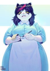 Rule 34 | 1girl, absurdres, apron, black eyes, black hair, cat, catti (deltarune), colored sclera, deltarune, earrings, from below, furry, furry female, grin, highres, inuki (aruurara), jewelry, looking down, makeup, multicolored hair, simple background, smile, solo, two-tone hair, waitress, yellow sclera
