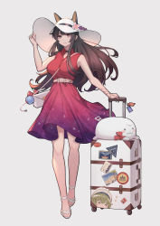 Rule 34 | 1girl, absurdres, akagi (warship girls r), anchor symbol, animal ears, bag, belt, between breasts, black hair, breasts, brown eyes, cameo, chun zhuan, collared dress, commentary request, dress, ears through headwear, flower, full body, gradient dress, hair ornament, hand on headwear, hand up, hat, hat flower, hat ribbon, highres, long hair, looking at viewer, nail polish, parted lips, red dress, red nails, red ribbon, ribbon, rolling suitcase, shoulder bag, simple background, sleeveless, sleeveless dress, solo, standing, sticker, strap between breasts, strappy heels, stuffed toy, suitcase, sun hat, warship girls r, white background, white hat, wrist straps