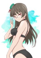 Rule 34 | 1girl, alternate costume, bare shoulders, beret, black bra, black hair, black panties, blue hat, bra, breasts, choukai (kancolle), closed mouth, commentary request, cowboy shot, glasses, hat, highres, kantai collection, long hair, looking at viewer, medium breasts, neve (morris-minicooper), panties, red eyes, semi-rimless eyewear, smile, solo, underwear, white background