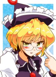 Rule 34 | 1girl, bad id, bad pixiv id, bespectacled, blonde hair, blush, crescent, female focus, glasses, hat, lunasa prismriver, short hair, solo, tama home, touhou, yellow eyes