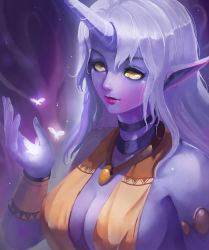 Rule 34 | 1girl, armlet, bad id, bad pixiv id, bare shoulders, breasts, bug, cleavage, colored skin, freckles, highres, horns, bug, jewelry, league of legends, lips, long hair, neck ring, necktie, pendant, pointy ears, purple skin, purple skirt, sideboob, silver hair, single horn, skirt, smile, solo, soraka (league of legends), turewindwalker, upper body, wrist cuffs