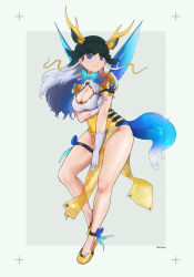 Rule 34 | 1girl, animal costume, beleven, belt, black hair, bow, bowtie, breasts, china dress, chinese clothes, cleavage, cleavage cutout, closed mouth, clothing cutout, dress, gloves, highres, horns, kemono friends, kemono friends 3, kirin (kemono friends), large breasts, long hair, looking at viewer, ribbon, shoes, simple background, solo, tail, white hair, wings