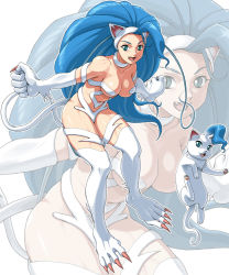 Rule 34 | 1girl, alternate form, animal ears, animal hands, big hair, blue eyes, blue hair, body fur, breasts, capcom, cat, cat ears, cat girl, cat tail, fang, felicia (vampire), green eyes, long hair, matching hair/eyes, muscular, muscular female, nigou, open mouth, slit pupils, solo, standing, tail, thighs, vampire (game), very long hair, zoom layer