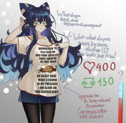 Rule 34 | 1girl, ?, blue bow, blue eyes, blue hair, blue skirt, bow, breasts, catfish, cleavage, closed mouth, clothes writing, commentary, cowboy shot, debt, english commentary, english text, fish, gradient background, hair bow, highres, hisou tensoku, large breasts, like and retweet, long hair, looking at viewer, meme, namazu, pantyhose, shirt, short sleeves, skirt, smile, solo, standing, tomatolover16, touhou, twitter strip game (meme), white background, white shirt, women want me fish fear me (meme), yorigami shion