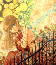 Rule 34 | 1girl, abstract background, bad id, bad pixiv id, blue eyes, breasts, brown hair, bug, butterfly, detached sleeves, earrings, elf, eyelashes, flower, from side, gate, highres, holding, hoop earrings, insect, ironwork, jewelry, leaning forward, long hair, looking at viewer, looking to the side, nail polish, parted lips, pink nails, plant, pointy ears, primm (seiken densetsu 2), red skirt, rose, seiken densetsu, seiken densetsu 2, single earring, sitting, skirt, solo, striped clothes, striped skirt, thorns, topless, towanoumi, traditional media