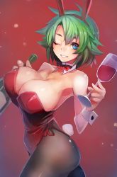 Rule 34 | 1girl, animal ears, black pantyhose, blue eyes, borrowed character, bottle, bow, bowtie, breasts, cleavage, cup, detached collar, drinking glass, fake animal ears, female focus, gradient background, green hair, highres, holding, huge breasts, inubouzaki ayako, large breasts, leotard, one eye closed, original, pantyhose, parted lips, playboy bunny, rabbit ears, rabbit tail, short hair, solo, tail, taishi (picchiridou), wine bottle, wine glass