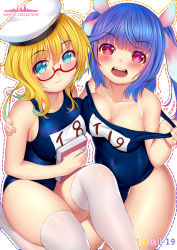 Rule 34 | 22-sai (1092344778), absurdres, aqua eyes, bad id, bad pixiv id, blonde hair, blue hair, blush, book, breasts, character name, cleavage, collarbone, copyright name, fang, hair between eyes, hair ribbon, hat, highres, huge filesize, i-19 (kancolle), i-8 (kancolle), kantai collection, large breasts, long hair, looking back, looking up, low twintails, name tag, one-piece swimsuit, peaked cap, red-framed eyewear, red eyes, ribbon, school swimsuit, semi-rimless eyewear, sitting, smile, swimsuit, symbol-shaped pupils, thighhighs, torn clothes, torn swimsuit, twintails, under-rim eyewear, white legwear