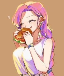 Rule 34 | 1girl, blush, braid, burger, closed eyes, closed mouth, earrings, food, heart, highres, holding, holding food, huna nr, jewelry, kaidou miho, light brown background, long hair, ookami game (studio wasabi), pink hair, shirt, smile, solo, tongue, tongue out, white shirt