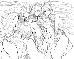 Rule 34 | 3girls, :q, alternate breast size, arknights, arm tattoo, arm under breasts, bead bracelet, beads, bracelet, breasts, covering privates, covering crotch, dragon horns, dragon tail, dress, dusk (arknights), fkskii65, greyscale, hands on own hips, hands on own chest, highres, horns, jewelry, large breasts, leg tattoo, licking lips, lineart, ling (arknights), long hair, looking at viewer, lying, monochrome, multiple girls, neck ribbon, nian (arknights), nian (unfettered freedom) (arknights), official alternate costume, on back, on bed, one eye closed, pointy ears, ribbon, simple background, sleeveless, sleeveless dress, split mouth, tail, tattoo, tongue, tongue out, very long hair, wavy hair, white background