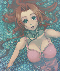Rule 34 | 1990s (style), 1girl, aerith gainsborough, breasts, brown hair, cleavage, dress, female focus, final fantasy, final fantasy vii, flower, green eyes, koko-1109, large breasts, long hair, lowres, lying, solo