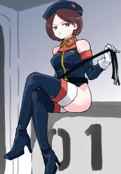 Rule 34 | 1girl, banao (vanaokun), belt, beret, black belt, boots, breasts, brown hair, collared leotard, crossed legs, detached sleeves, dominatrix, emma sheen, gloves, green eyes, gundam, hair behind ear, hat, high heels, highres, holding, holding whip, leotard, looking to the side, medium breasts, military, military hat, military uniform, short hair, sitting, solo, thigh boots, thighhighs, uniform, v-shaped eyebrows, white gloves, zeta gundam