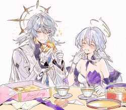 Rule 34 | 1boy, 1girl, bare shoulders, blush, breasts, brother and sister, cleavage, crumbs, cup, detached sleeves, earrings, eating, gloves, grey hair, grin, halo, halo behind head, head wings, highres, honkai: star rail, honkai (series), jewelry, long hair, medium breasts, medium hair, mint-tan, robin (honkai: star rail), siblings, sleeveless, smile, sparkle, sparkling eyes, sunday (honkai: star rail), teacup, upper body, white background, white gloves, wings, yellow eyes
