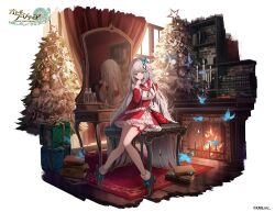 Rule 34 | 1girl, black neckerchief, blue butterfly, blue eyes, blush, book, box, breasts, bug, butterfly, character request, christmas, christmas tree, dress, fireplace, full body, gift, gift box, grey hair, hair ornament, hand on own chin, hand up, indoors, insect, long hair, looking at viewer, medium breasts, mirror, neckerchief, official art, otogi frontier, red dress, sitting, solo, stool, takashima shoa, watermark, window