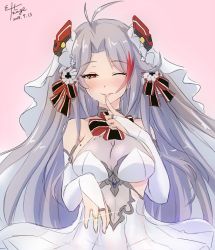 Rule 34 | 1girl, adapted costume, alternate costume, antenna hair, azur lane, bad id, bad twitter id, bare shoulders, between legs, blush, breasts, bridal gauntlets, bridal veil, brown eyes, cleavage, collarbone, cross, crying, dated, dress, eltnage, finger to mouth, flower, gloves, hair between eyes, hair ornament, half-closed eye, half-closed eyes, happy tears, headgear, heart, iron cross, jewelry, large breasts, long hair, looking at viewer, mole, mole on breast, multicolored hair, nail polish, no bra, one eye closed, ornate ring, parted lips, pink background, prinz eugen (azur lane), prinz eugen (symphonic fate) (azur lane), red hair, ring, see-through, signature, simple background, smile, solo, tears, two side up, veil, very long hair, wedding dress, wedding ring, white dress, white flower, white gloves, white hair