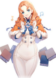 1girl :d aged_up annette_fantine_dominic beamed_eighth_notes blue_bow blue_eyes blush book bow breasts brown_hair cape capelet commentary_request covered_navel curvy dress eighth_note elbow_gloves fire_emblem fire_emblem:_three_houses forehead fur-trimmed_capelet fur-trimmed_gloves fur_trim gloves groin hands_up head_tilt heart heart-shaped_pupils highres hood hood_down hooded_capelet long_hair looking_at_viewer medium_breasts musical_note narrow_waist nintendo open_mouth orange_cape parted_bangs ririko_(zhuoyandesailaer) simple_background skin_tight smile symbol-shaped_pupils white_background white_dress white_gloves wide_hips