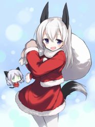 Rule 34 | 1girl, alternate costume, animal ears, bad id, bad twitter id, blue eyes, chibi, christmas, coat, cowboy shot, dress, eila ilmatar juutilainen, grey mittens, holding, holding sack, long hair, long sleeves, looking at viewer, mittens, open mouth, over shoulder, pantyhose, red coat, red dress, sack, santa costume, santa dress, sanya v. litvyak, short dress, silver hair, smile, solo, standing, strike witches, tail, take shinobu, white pantyhose, world witches series