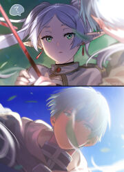 Rule 34 | 1boy, 1girl, ?, aki (neyuki41028), blue hair, blue sky, blurry, bokeh, capelet, cloak, covered mouth, day, depth of field, earrings, elf, eyelashes, falling leaves, floating hair, frieren, grass, green eyes, grey hair, hair between eyes, highres, himmel (sousou no frieren), holding, holding staff, hood, hood down, hooded cloak, jewelry, leaf, long hair, looking at another, looking at viewer, looking down, looking up, mole, mole under eye, parted bangs, pointy ears, short hair, sky, sousou no frieren, split screen, spoken question mark, staff, surprised, twintails, white capelet, white cloak