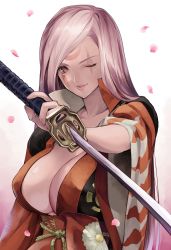 Rule 34 | 1girl, alternate costume, amputee, baiken, breasts, cherry blossoms, cleavage, commentary request, facial tattoo, facing viewer, guilty gear, guilty gear xrd, hair down, highres, holding, holding sword, holding weapon, jako (toyprn), japanese clothes, kataginu, katana, kimono, large breasts, long hair, looking at viewer, multicolored clothes, multicolored kimono, obi, one-eyed, open clothes, open kimono, parted lips, pink eyes, pink hair, samurai, sash, scar, scar across eye, scar on face, smile, solo, sword, tattoo, weapon